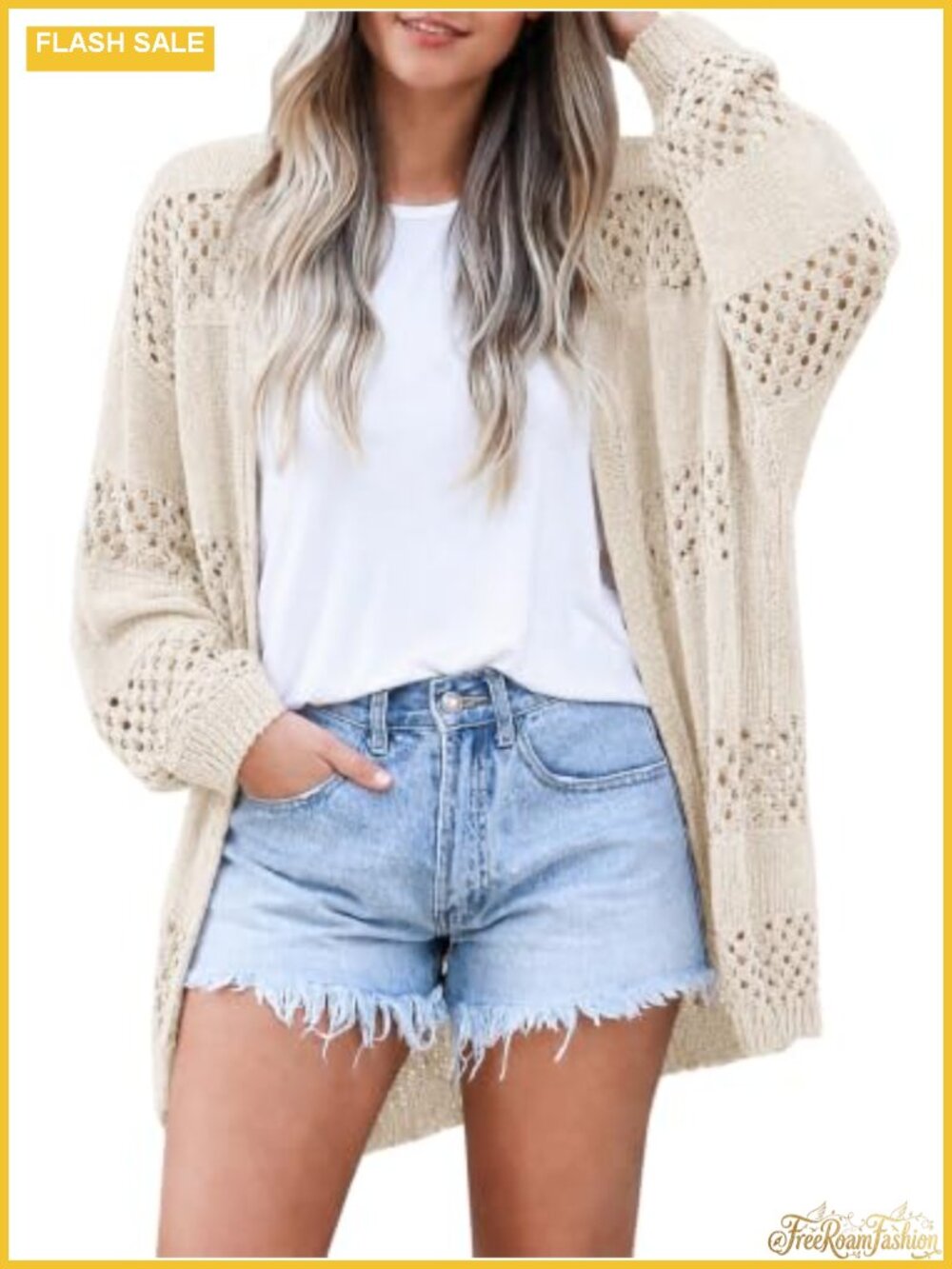 Boho Crochet Lightweight Knit Cardigan Open Front Long Sleeve Layering Outwear